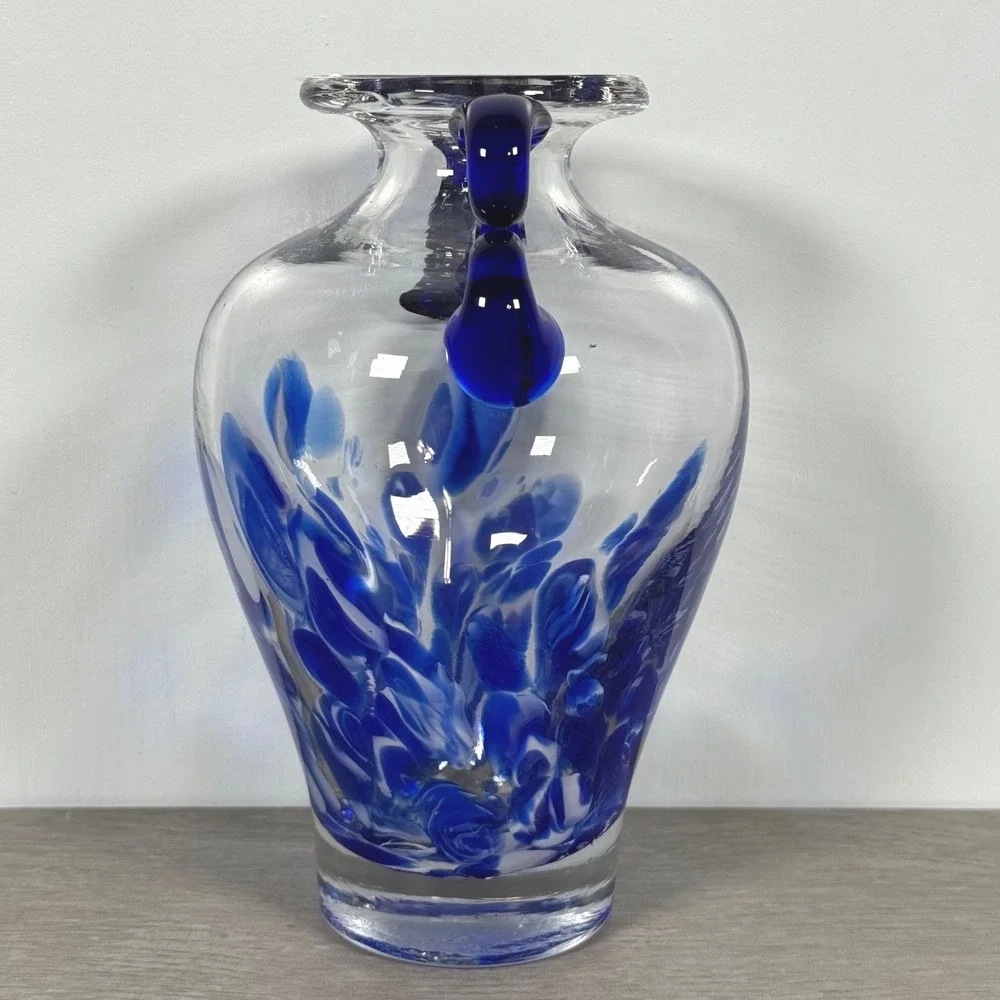 Vintage Italian Art Glass Vase Blue White Pulled Decoration Cobalt Handles 7.5